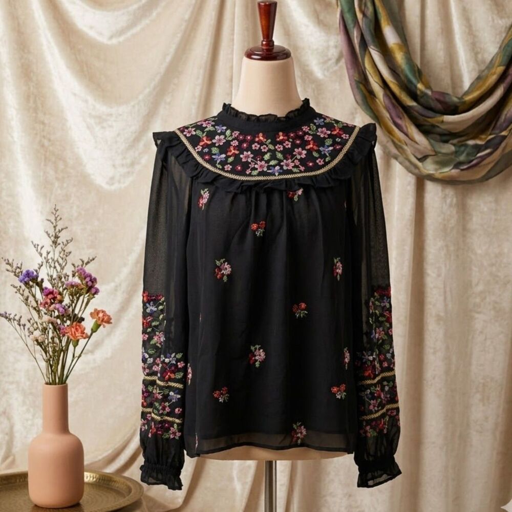 Ever New Melbourne Sz 2 Black Sheer Floral Embroidered Ruffle Top